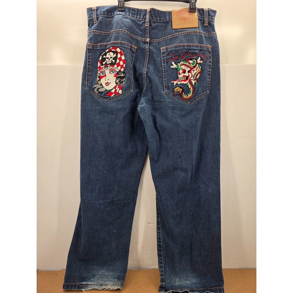 Ed Hardy Vtg Tattoo Jeans Mens 40x32 Pirate Skull Patch Distressed Frayed Y2K